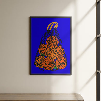 a painting hanging on a wall next to a shelf