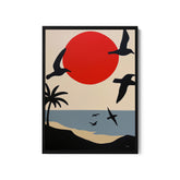 a painting of birds flying over a beach