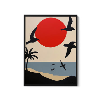 a painting of birds flying over a beach
