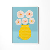 a yellow vase filled with white flowers on a blue background