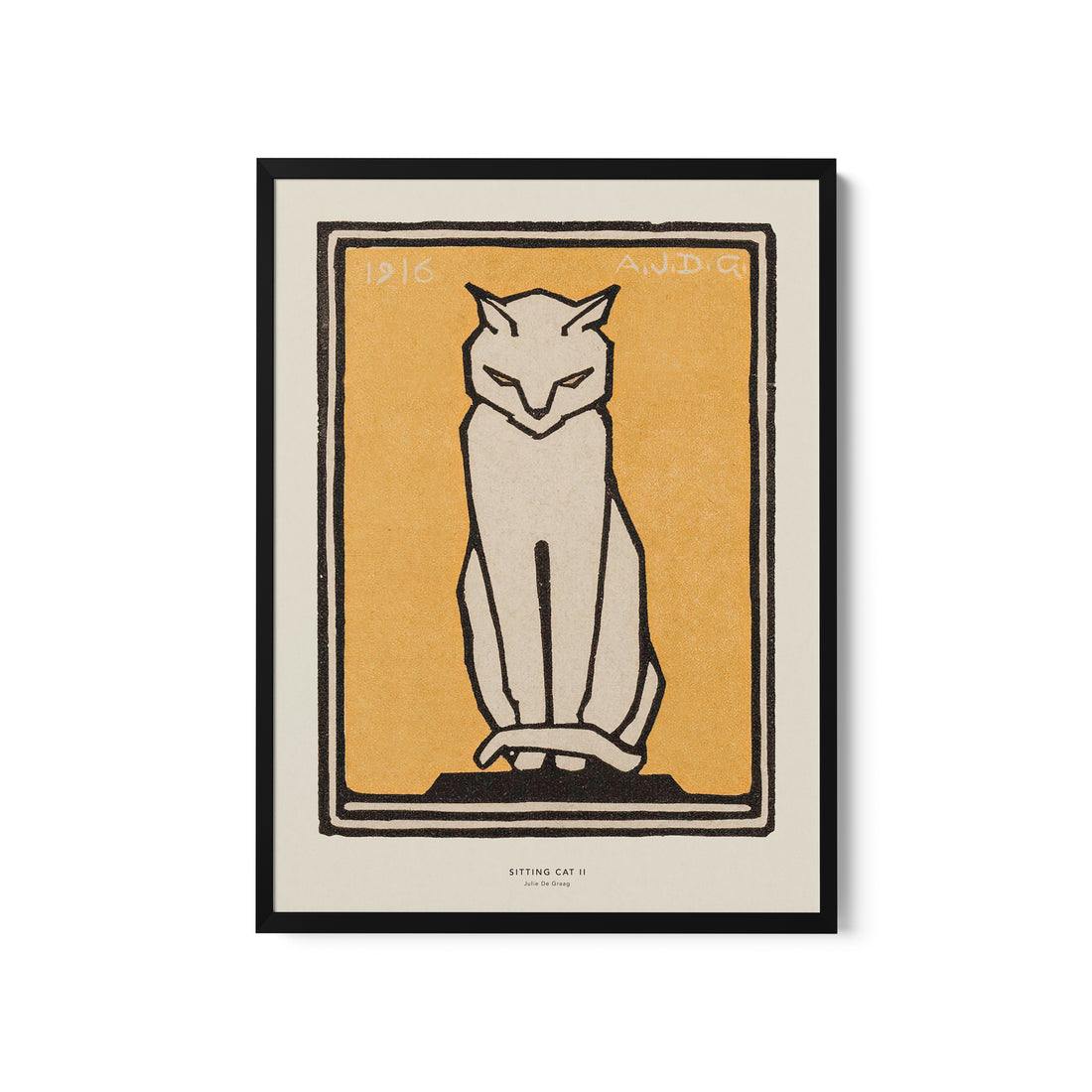 a white cat sitting on top of a yellow background