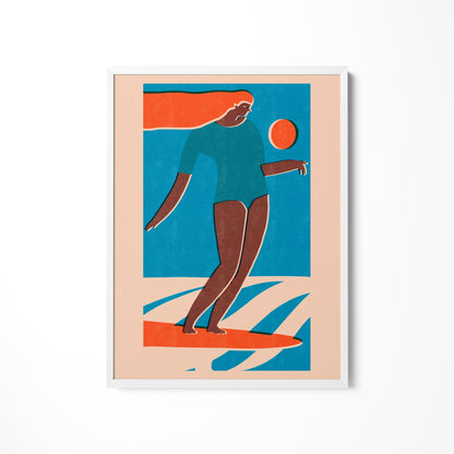 a painting of a person on a surfboard