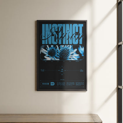 a poster hangs on the wall above a shelf