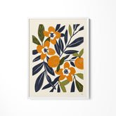 an orange and blue floral print on a white wall