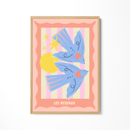 a painting of two birds flying over a sun