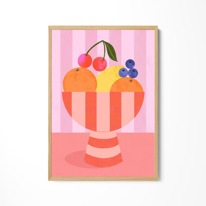 a painting of a bowl of fruit on a pink background