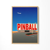 a picture of a pinball sign with a plane in the background