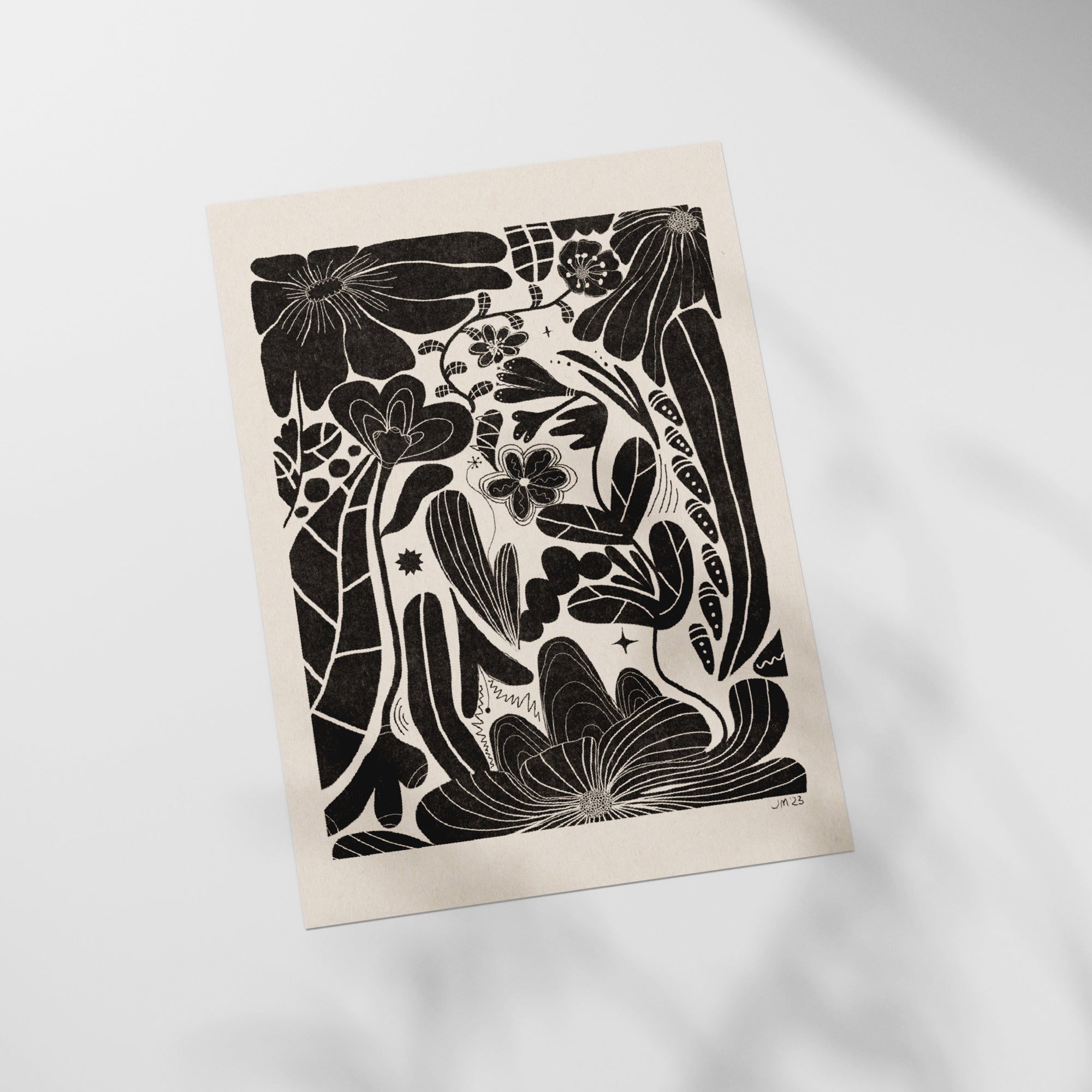a black and white drawing of flowers and plants