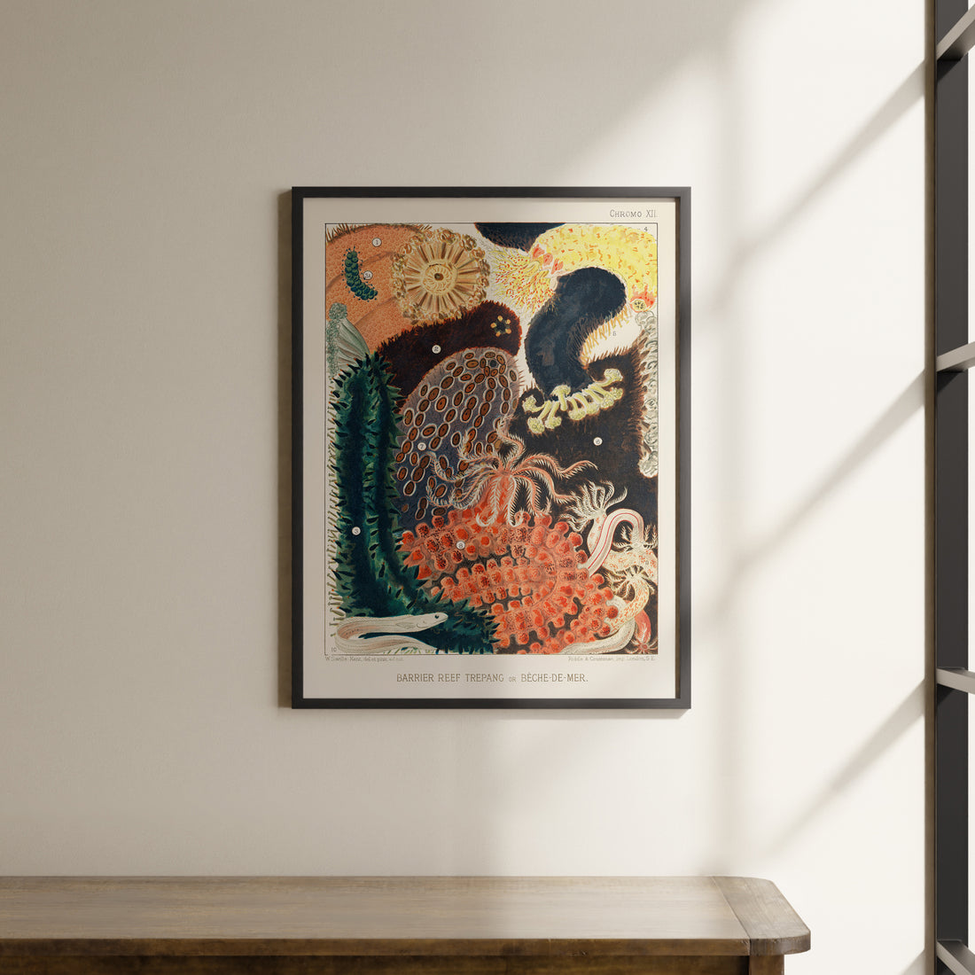 a painting hanging on a wall above a wooden table