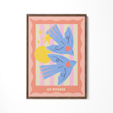 a painting of two birds on a pink and yellow background