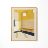 a picture of a yellow bathroom with a bench