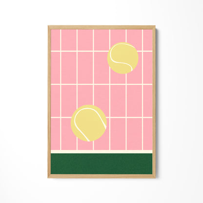 a picture of a tennis ball and a tennis racket on a pink and green