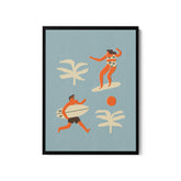 a picture of a woman on a surfboard and a man with a surfboard