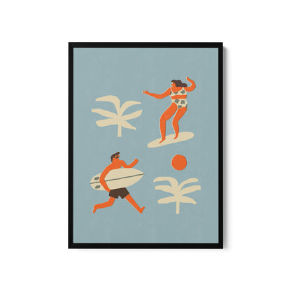 a picture of a woman on a surfboard and a man with a surfboard