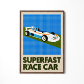 a poster of a race car on a wall