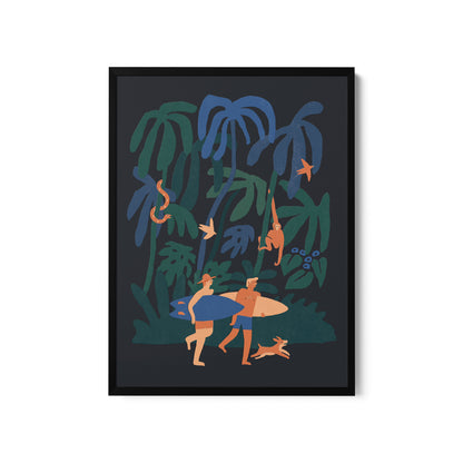 a painting of a man carrying a surfboard in the jungle