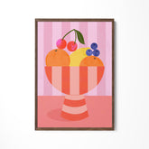 a painting of a bowl of fruit on a pink background