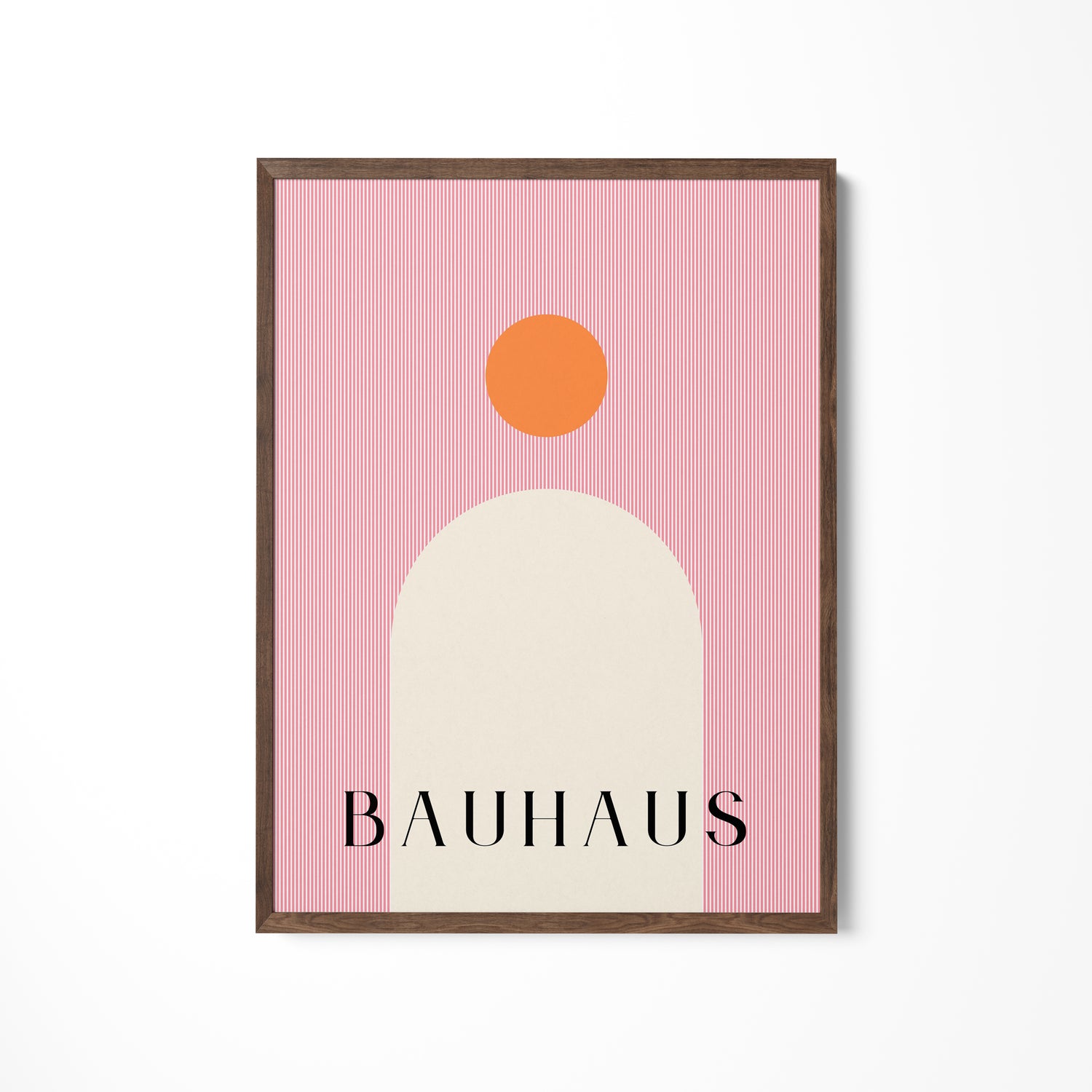 a pink and orange poster hanging on a wall
