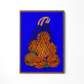 a painting of a bag of oranges on a blue background