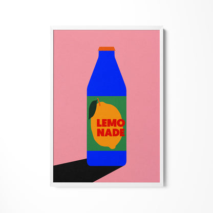 a bottle of lemonade on a pink background