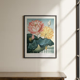 a painting hanging on a wall next to a wooden table