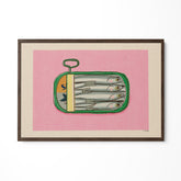 a painting of a bag of fish on a pink background