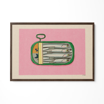 a painting of a bag of fish on a pink background