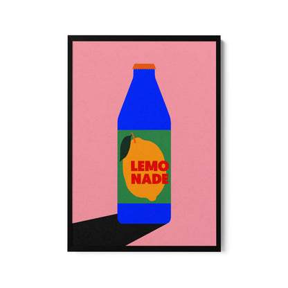 a picture of a bottle of lemonade on a pink background