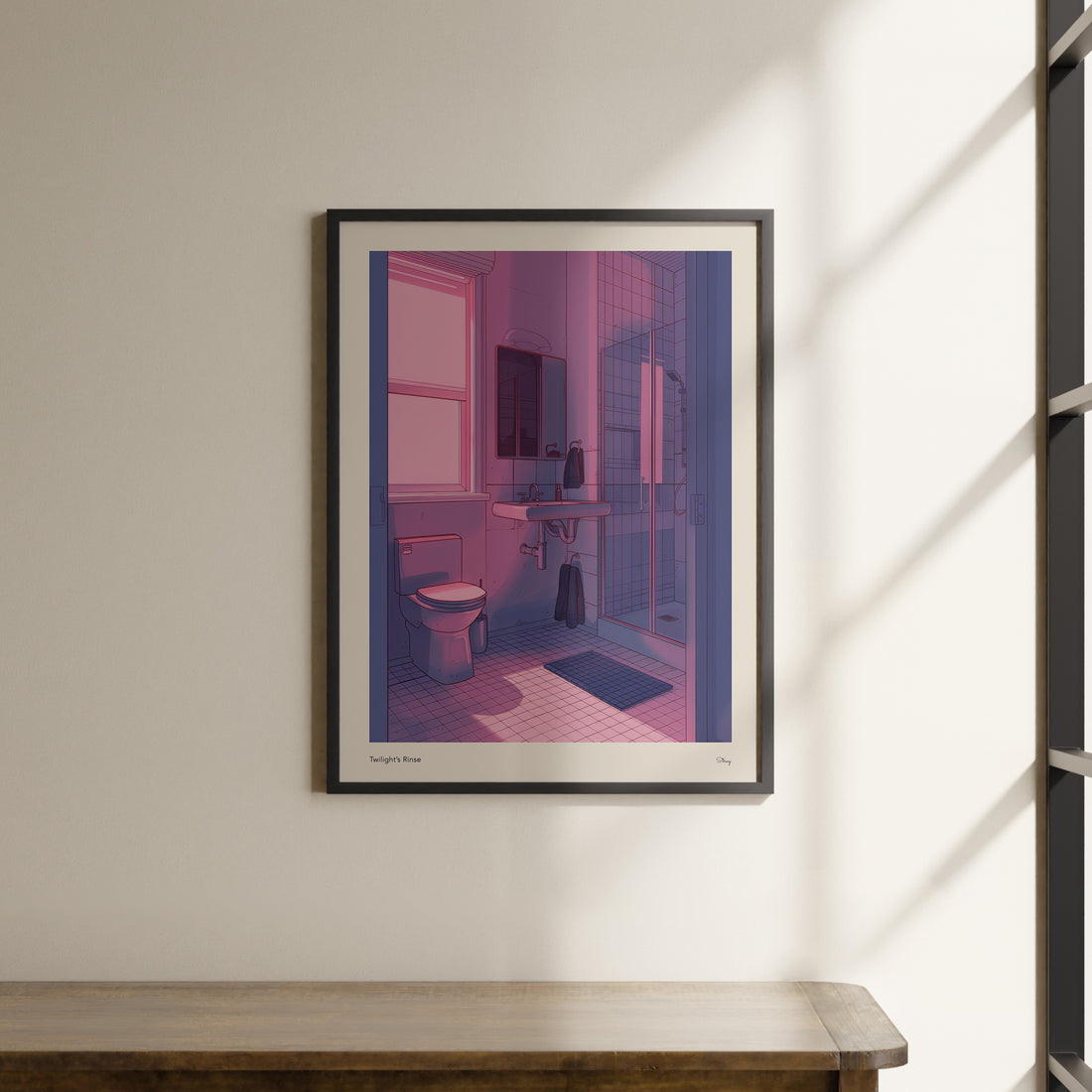 a framed photograph of a bathroom with a wooden table