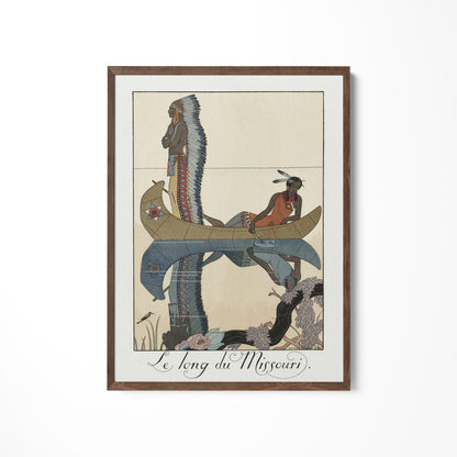 a painting of a man riding a boat with a snake on it