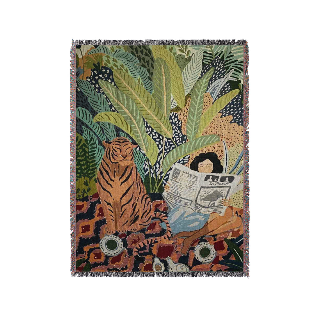 a tapestry of a tiger and a woman reading a newspaper