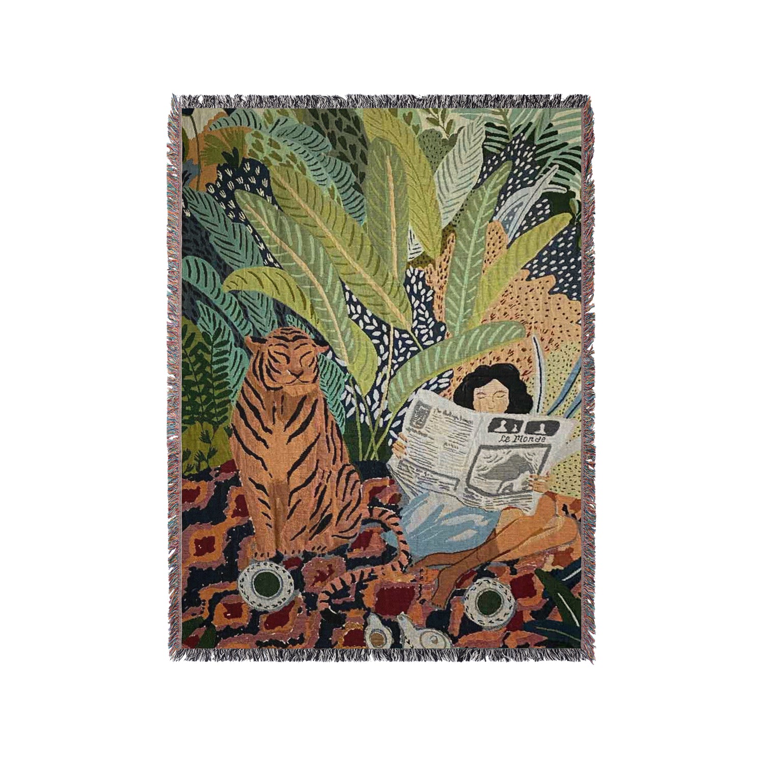 a tapestry of a tiger and a woman reading a newspaper