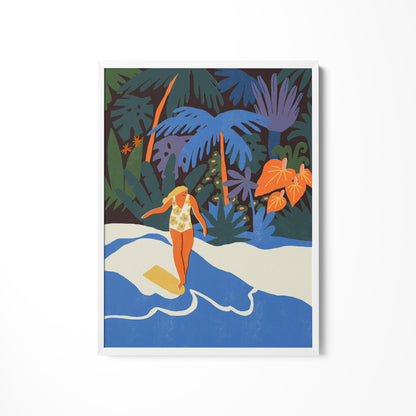 a painting of a woman walking on a beach