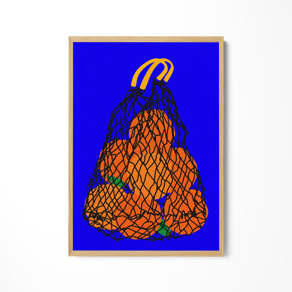 a picture of a bag of oranges on a blue background