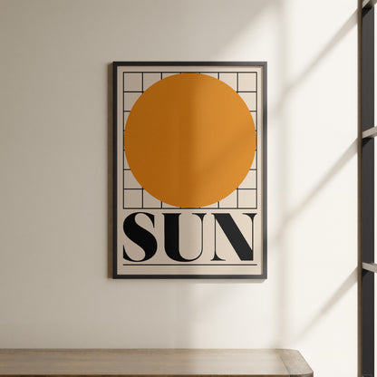 a picture of a sun on a wall above a shelf