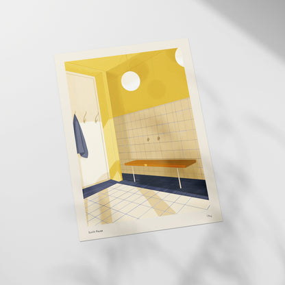 a picture of a bathroom with a bench in it