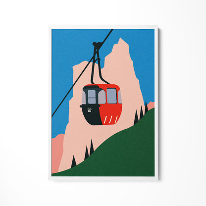 a painting of a cable car going up a mountain