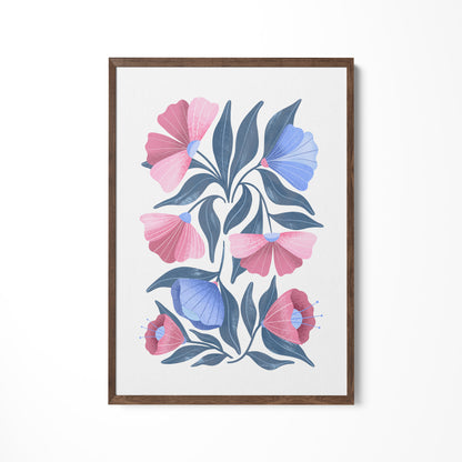 a painting of pink and blue flowers on a white wall