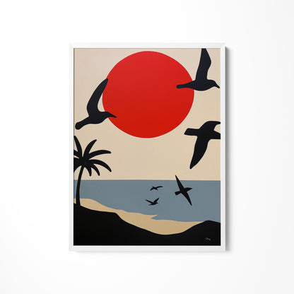 a painting of birds flying over a beach
