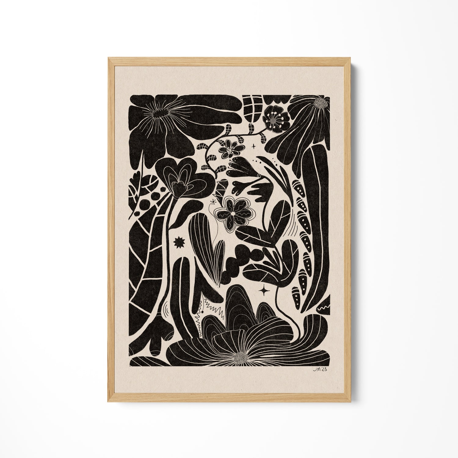 a black and white drawing of flowers and plants