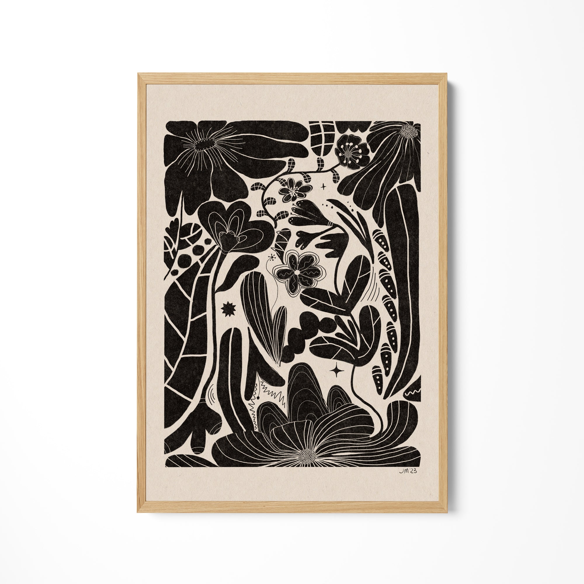 a black and white drawing of flowers and plants