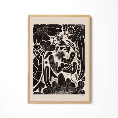 a black and white drawing of flowers and plants