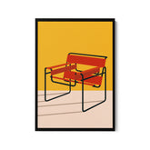 a red chair sitting on top of a white floor