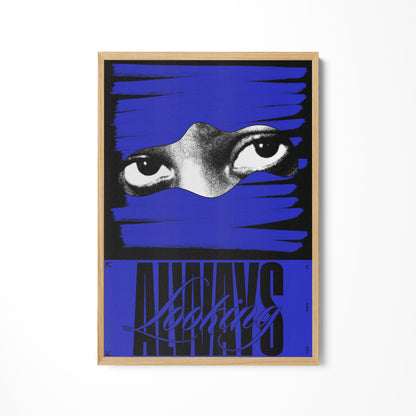 a blue poster with a picture of an eye