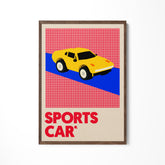 a picture of a yellow sports car on a red and blue background