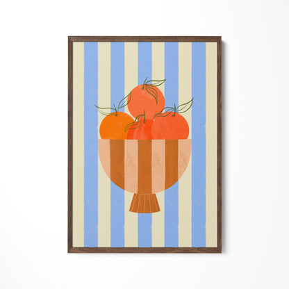 a painting of tomatoes in a striped bowl