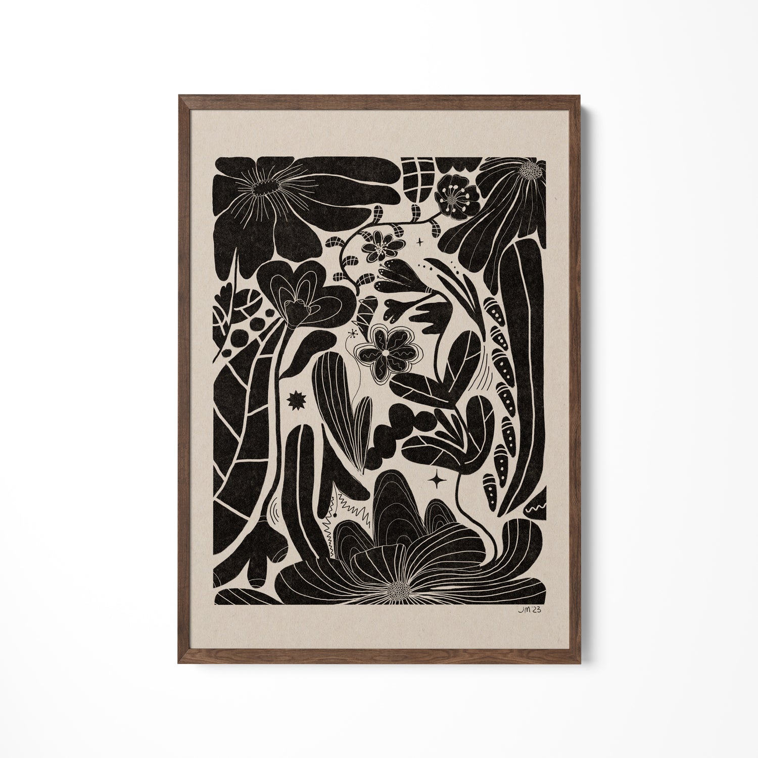 a black and white drawing of flowers on a wall