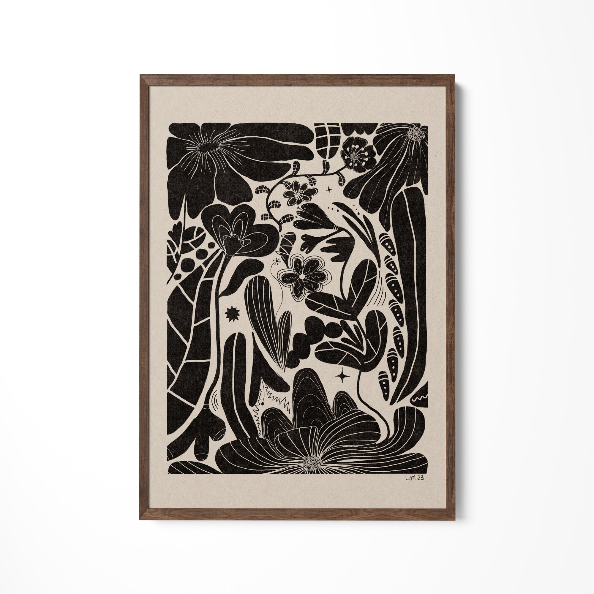 a black and white drawing of flowers on a wall