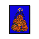 a picture of a bag of oranges on a blue background