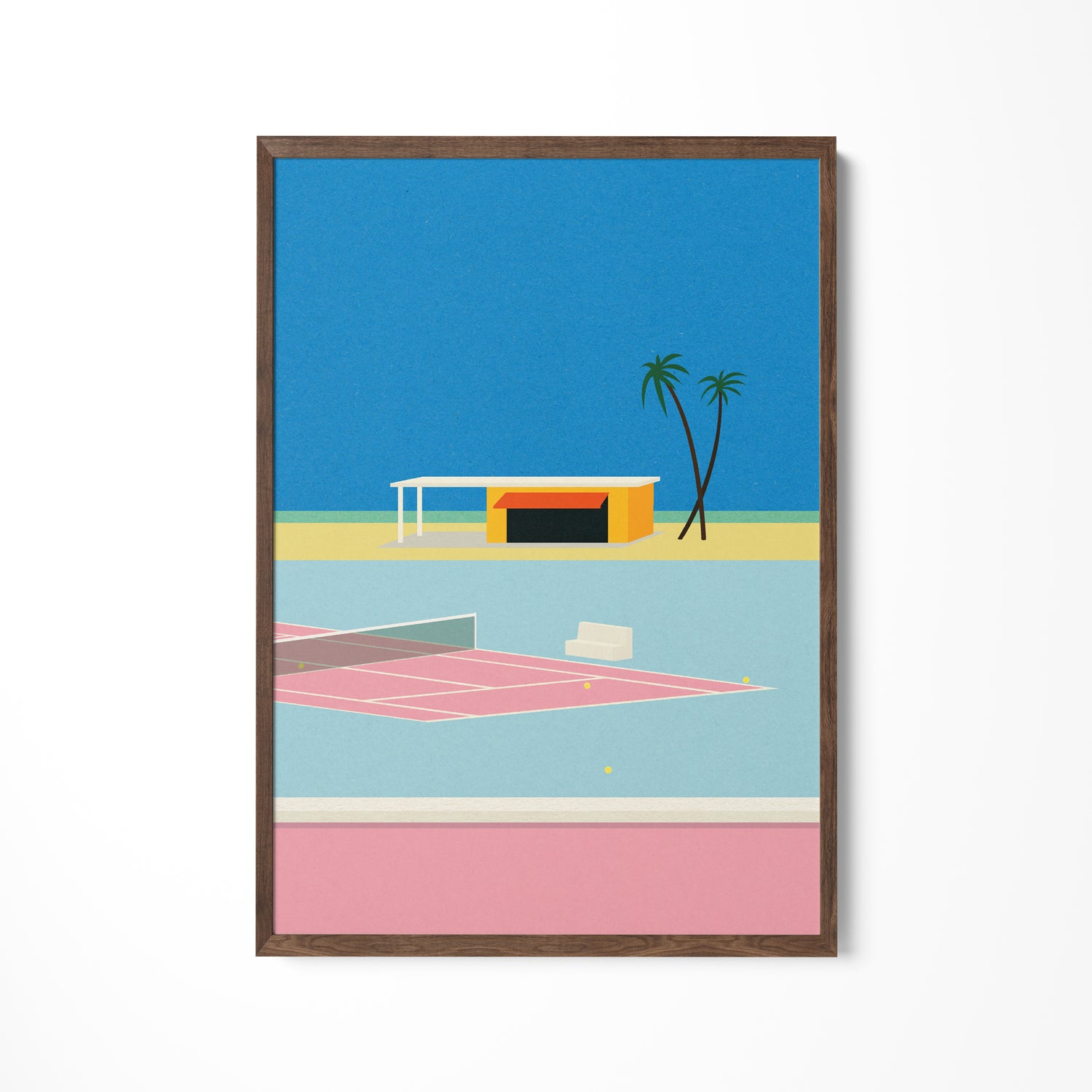 a picture of a tennis court and a palm tree